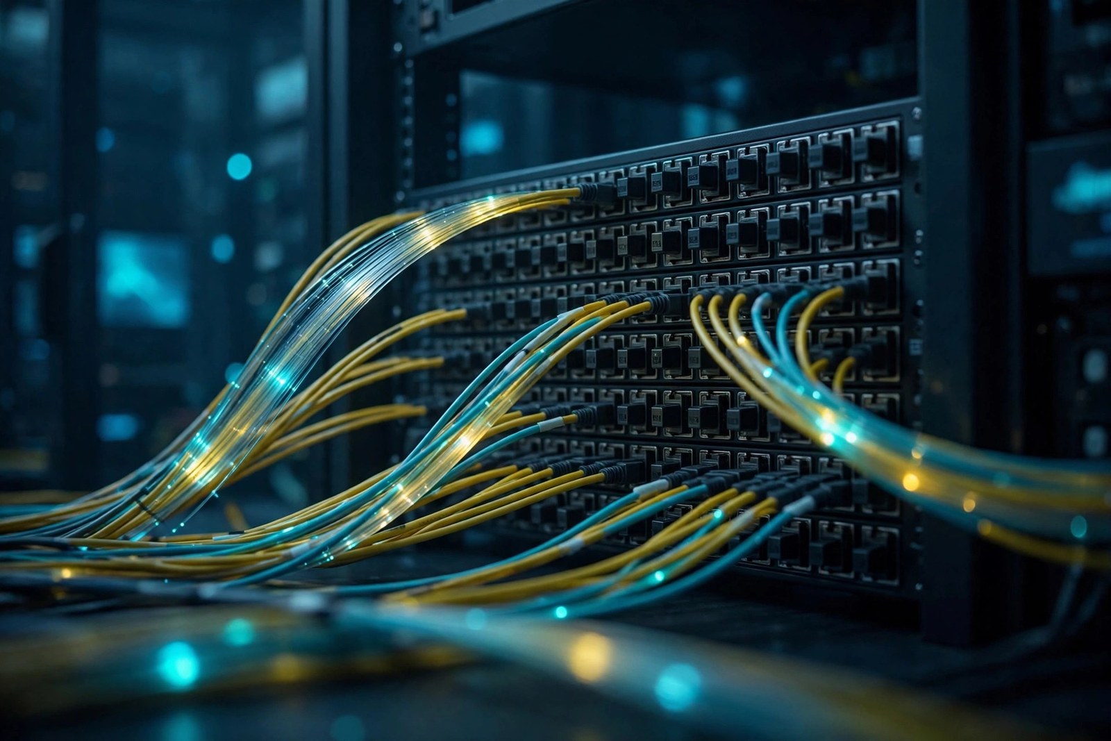 Rows of optical transceiver modules in a dark switch faceplate, with yellow and cyan fiber-optic cables carrying pulses of light.