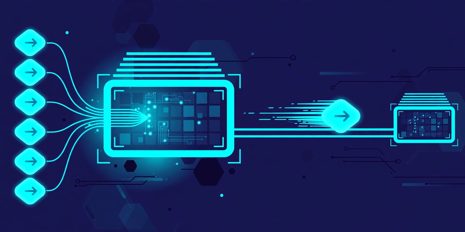 A flat vector illustration in navy and cyan showing a queue of glowing request tokens feeding one large GPU block while a single token speeds along a separate fast lane.