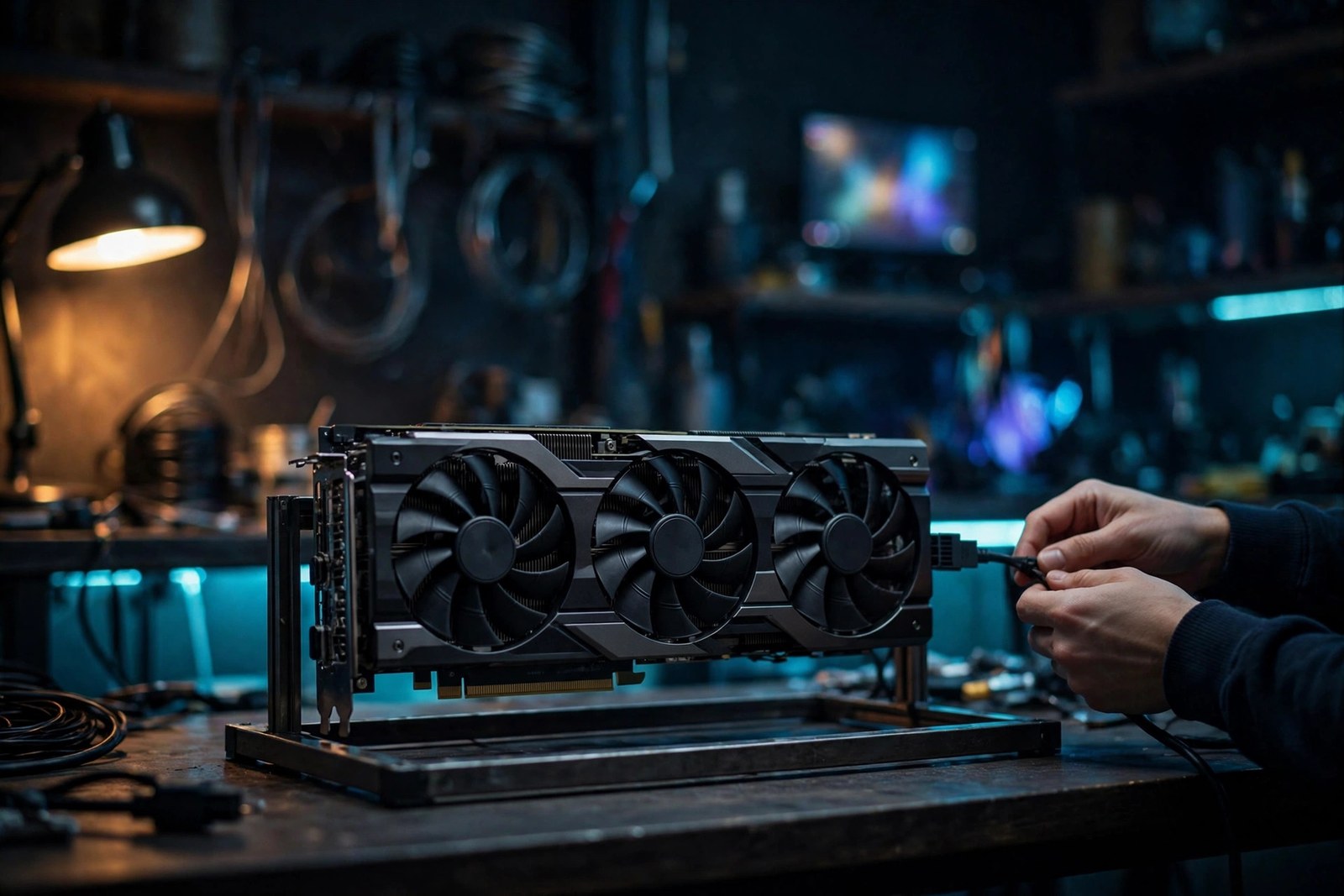 A large triple-fan graphics card mounted on an open test bench in a dim workshop while a person's hands connect a power cable.