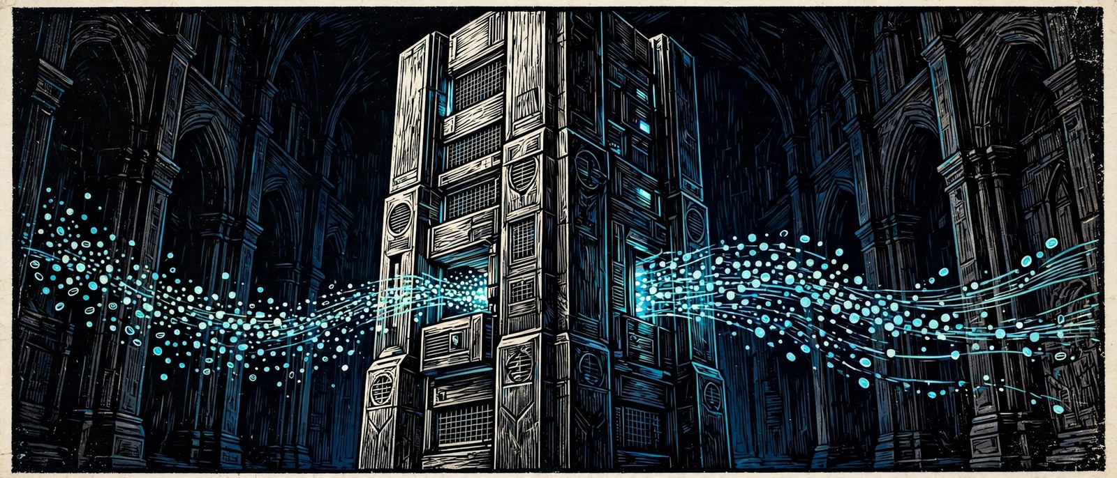 A woodcut-style illustration of a tall server monolith in a dark vaulted hall, with streams of glowing cyan request particles flowing in one side and out the other.