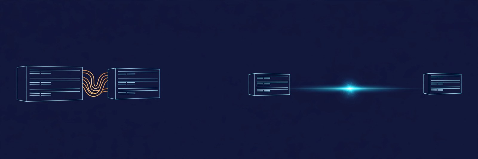 A minimal line-art illustration contrasting short orange copper cables between two nearby servers with a single fiber-optic line carrying a bright light pulse between two distant servers.