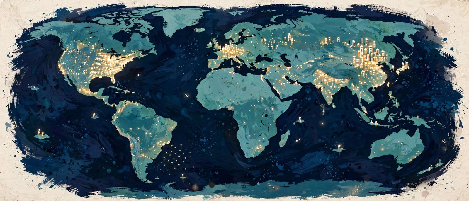 A gouache painting of a world map in deep navy and teal, with clusters of glowing towers marking data-center regions of varying brightness and density.