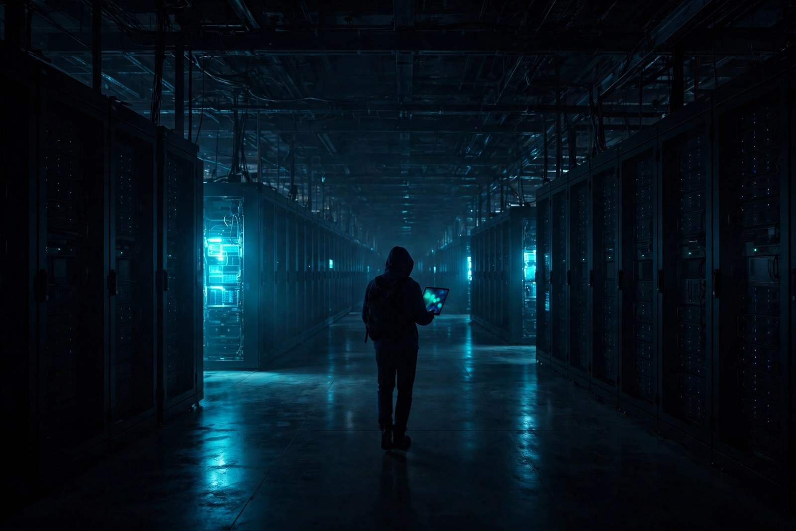 A cinematic photograph of a technician's silhouette walking a dark data-center aisle where only a few racks glow cyan among long rows of idle servers.