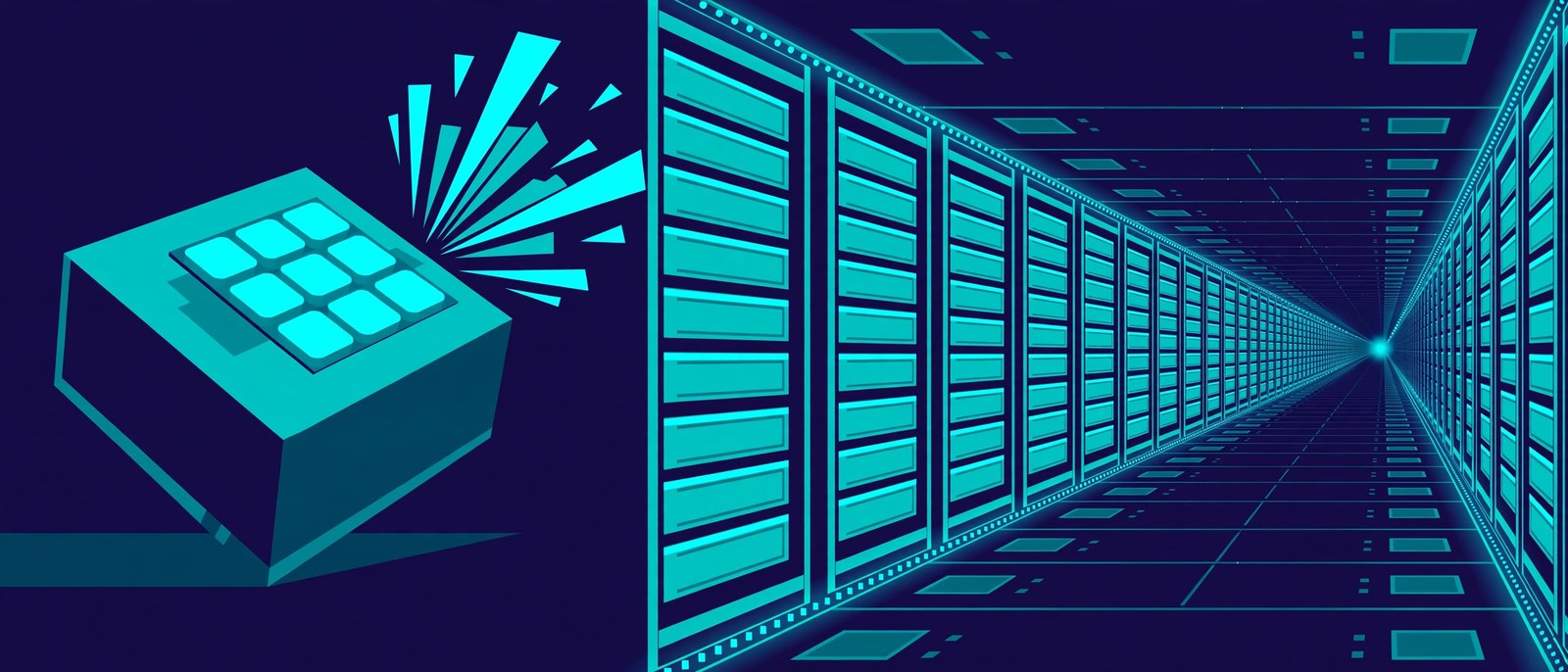 A flat vector illustration of a single GPU chip with a burst of light beside an endless corridor of glowing server racks.