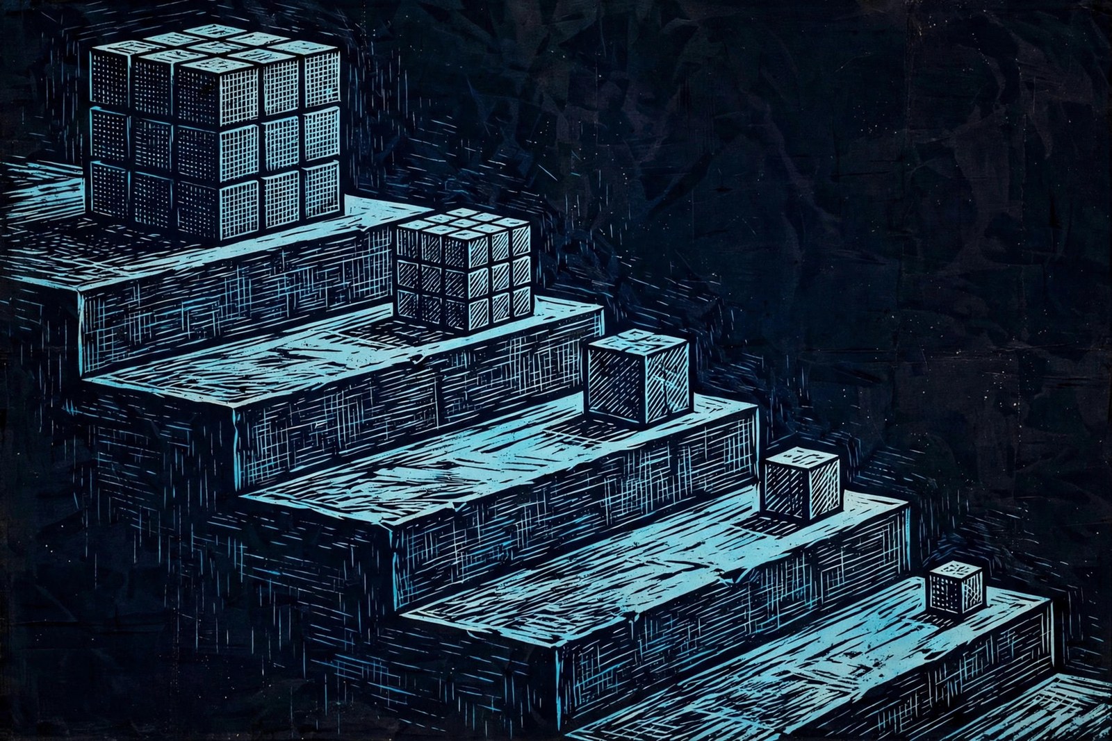 A woodcut illustration of a staircase where a large gridded cube shrinks step by step into a tiny compact cube.