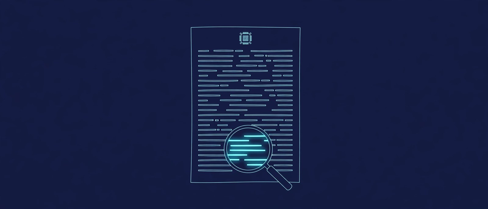 A minimal line-art illustration of an invoice page of abstract horizontal bars with a magnifying glass highlighting the lower rows.