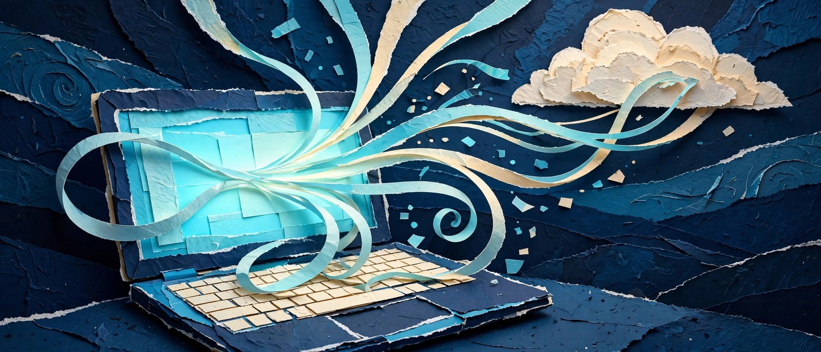 A paper collage illustration of an open laptop with ribbons of light flowing between its screen and a paper cloud.