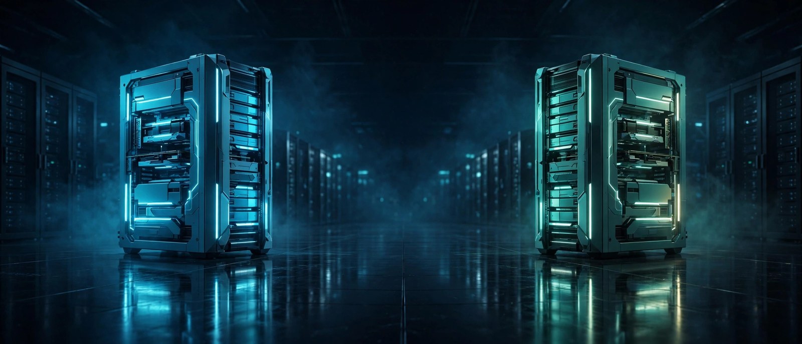 A cinematic photograph of two identical GPU server rigs facing each other across a polished dark data-center floor.