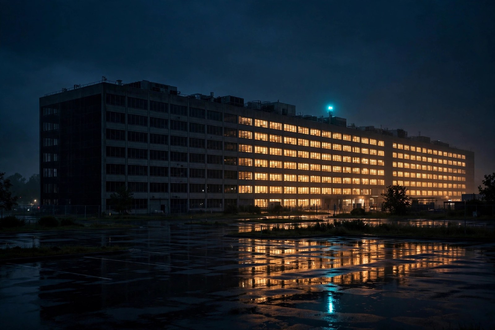 A night photograph of a large data-center building with one dark section and rows of warmly lit windows reflected on wet ground.