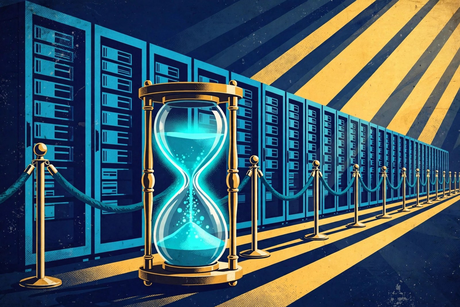 A retro poster illustration of a glowing hourglass in front of a velvet-roped row of reserved server racks.