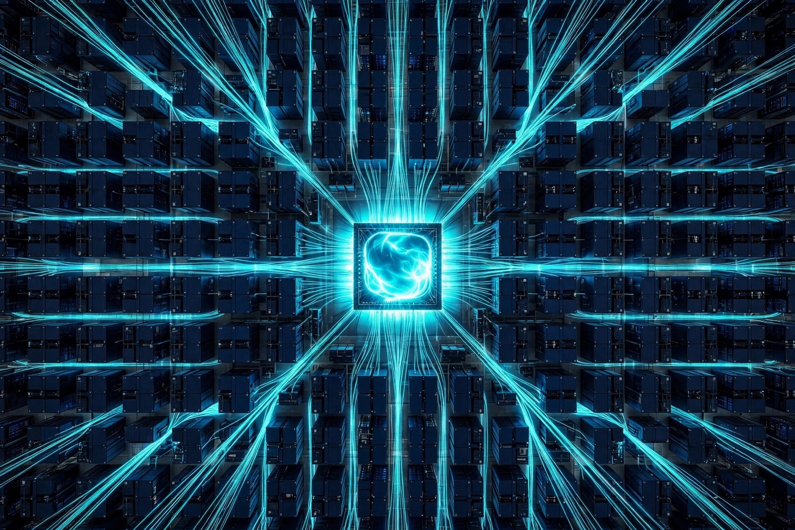 An aerial photograph looking straight down on a grid of dark server blocks with cyan light trails converging into a glowing chip package at the center.