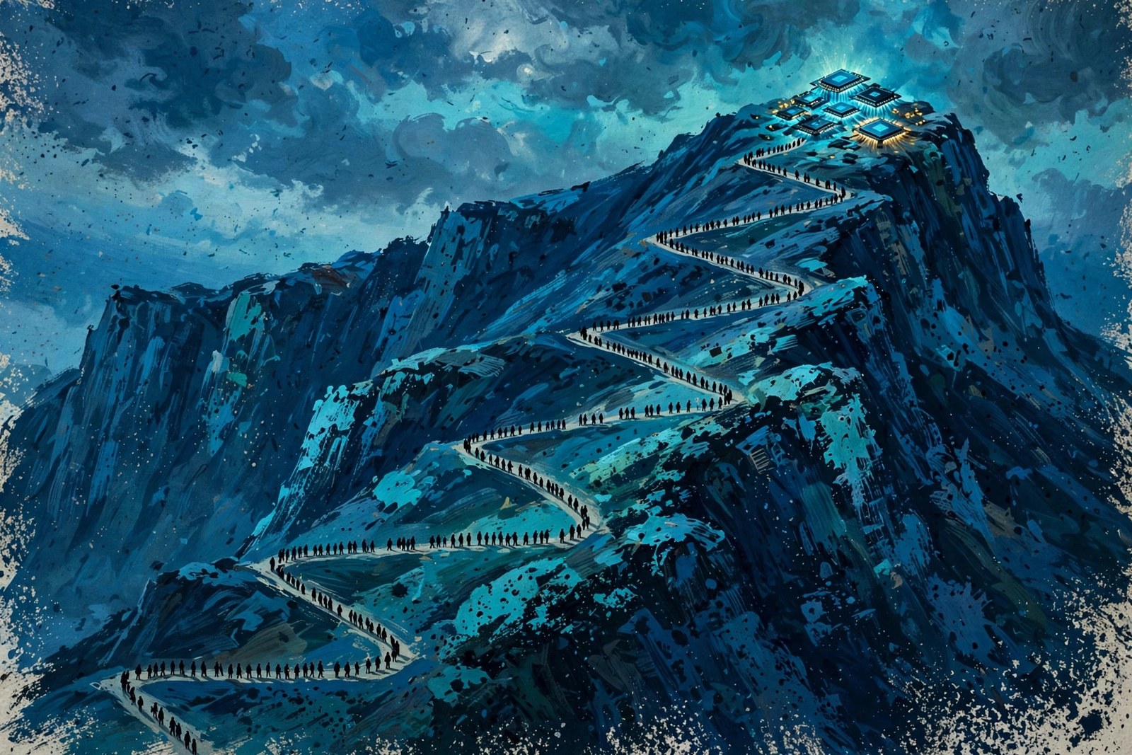 A gouache painting of a long queue of tiny silhouettes climbing switchbacks up a steep mountain toward glowing GPU chips at the summit.